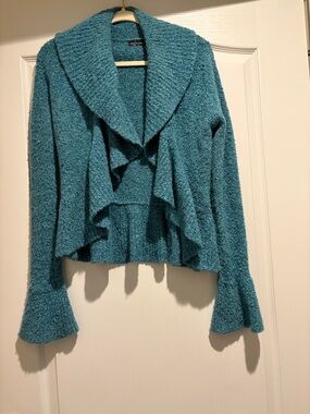 Moda International Teal Bouclé Open-Front Waterfall Cardigan
